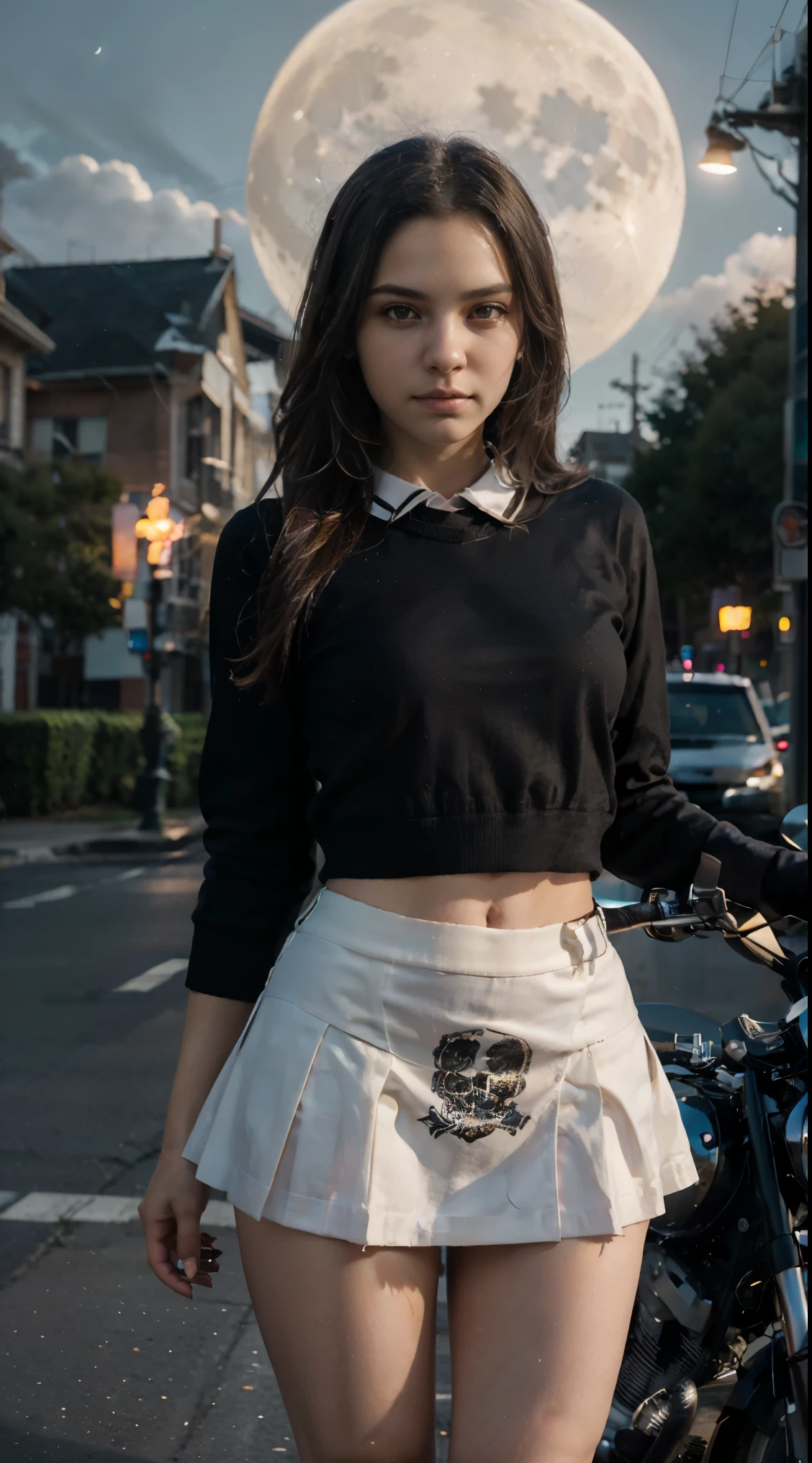 17-year-old Waifu School Girl posando na frente de uma motocicleta futurista, the motorcycle has skulls and blue flames highly detailed 3D graphics, night scenery with full moon in the background, she is wearing a  White SchoolUniform with 3D skulls and flames and Sailor Miniskirt, Pantyhose, HDR, epic realism, high-octane rendering, obra de arte,