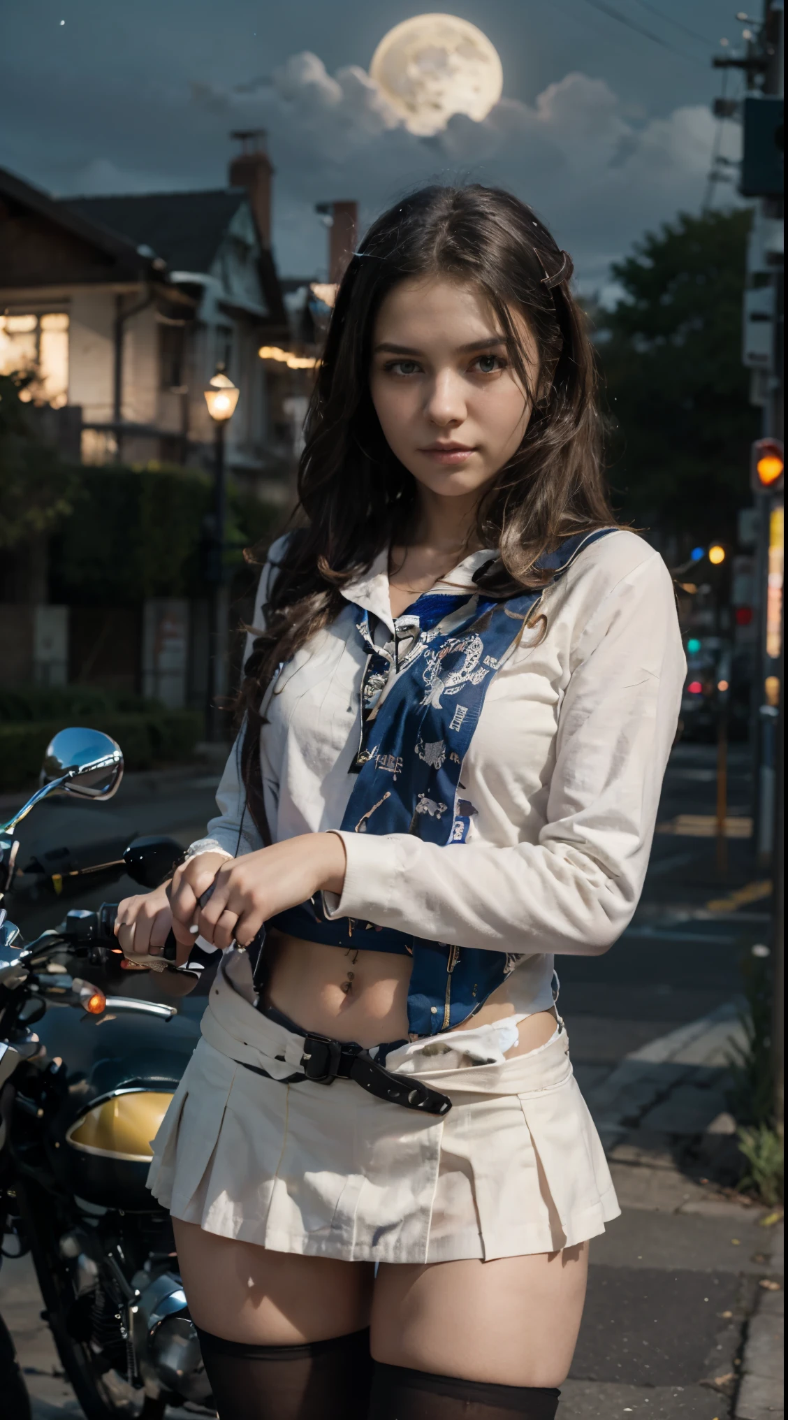 17-year-old Waifu School Girl posando na frente de uma motocicleta futurista, the motorcycle has skulls and blue flames highly detailed 3D graphics, night scenery with full moon in the background, she is wearing a White SchoolUniform with 3D skulls and flames and Sailor Miniskirt, Pantyhose, HDR, epic realism, high-octane rendering, obra de arte,