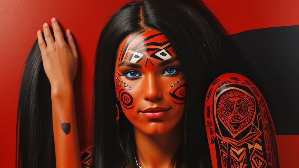 indigenous brunette woman with huge black, straight hair like cedar that goes past her knees, an indigenous painting on her red face with a jaguar skin painted on her head, at her side a large black eagle with blue eyes