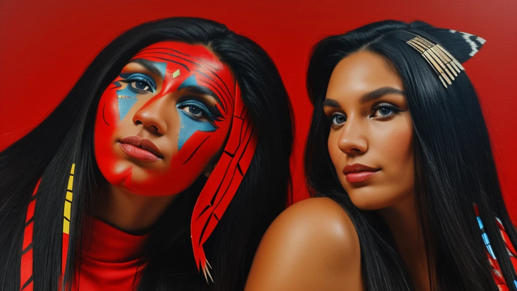 indigenous brunette woman with huge black, straight hair like cedar that goes past her knees, an indigenous painting on her red face with a jaguar skin painted on her head, at her side a large black eagle with blue eyes