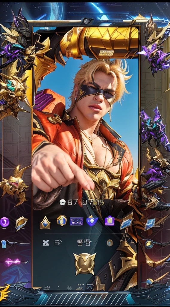 a close up of a person in a costume with a cell phone, dio brando, thertrevkaiser, mobile legends, wild rift, tane skin, epic battle screen of hero, furio tedesschi, sfw version, full protrait, portrait of junkrat, by Android Jones, kda, super buff and cool, a portrait of junkrat