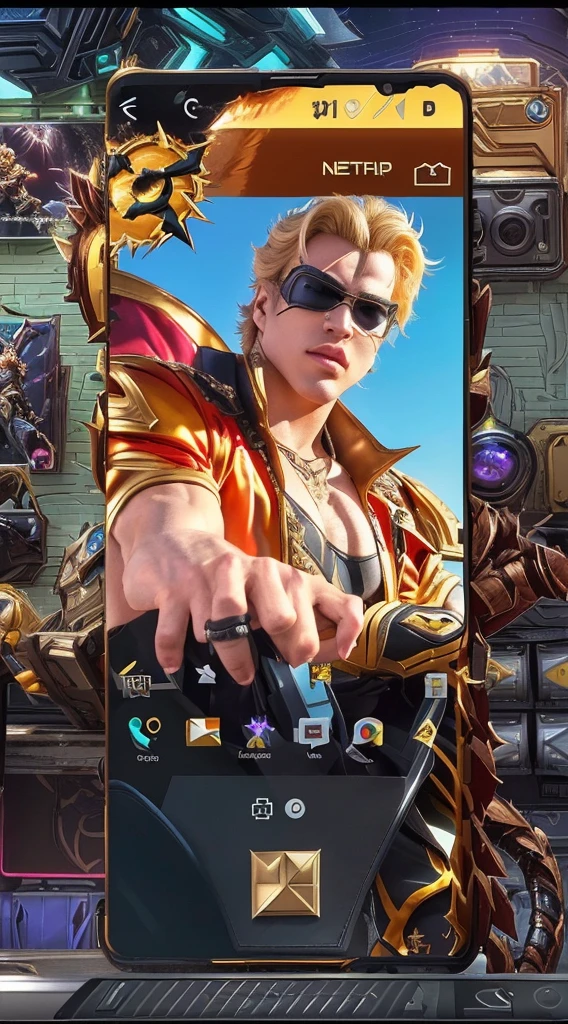 a close up of a person in a costume with a cell phone, dio brando, thertrevkaiser, mobile legends, wild rift, tane skin, epic battle screen of hero, furio tedesschi, sfw version, full protrait, portrait of junkrat, by Android Jones, kda, super buff and cool, a portrait of junkrat