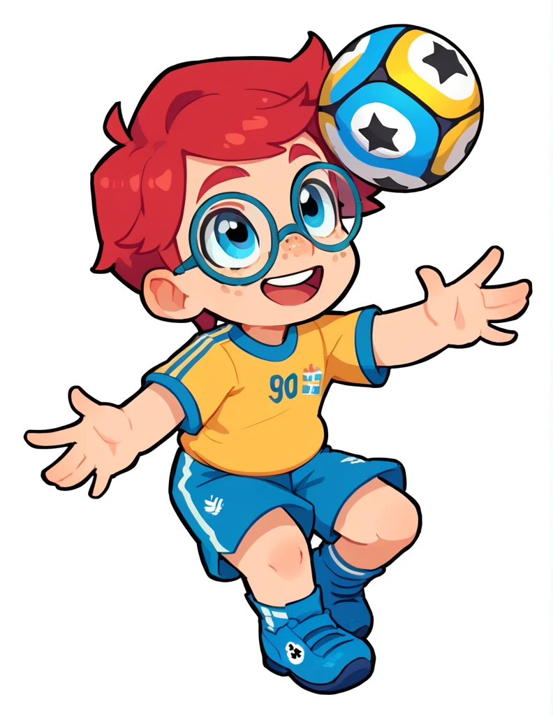 solo, The Q version of the cute human, male, falu red hair, freckles, short hair, round eyeglasses, big eyeglasses, human ears, playing with a soccer ball, dribbling, arms extended, smiling, eyes looking up, happy, smile, mouth open, cute, white background, soccer uniform, yellow shirt with small sweden flag in the chest, blue shorts, shorstack, chubby,