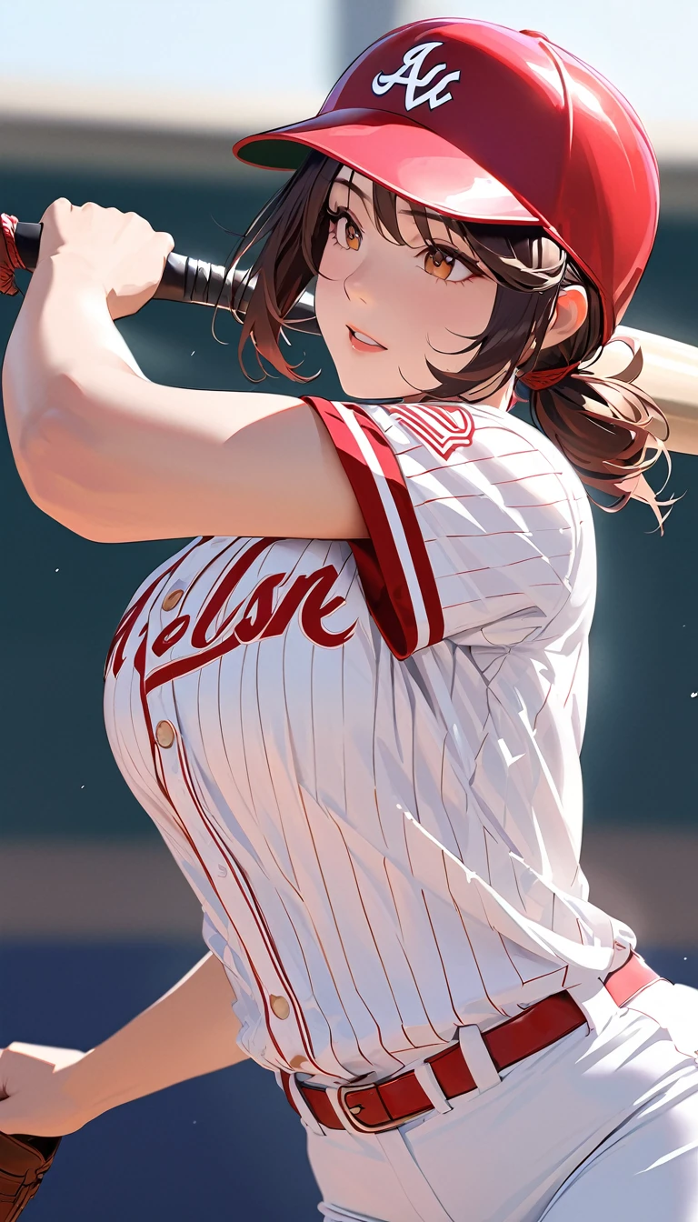 Verism, super detail, best quality, a woman hitting a home run, Baseball uniform