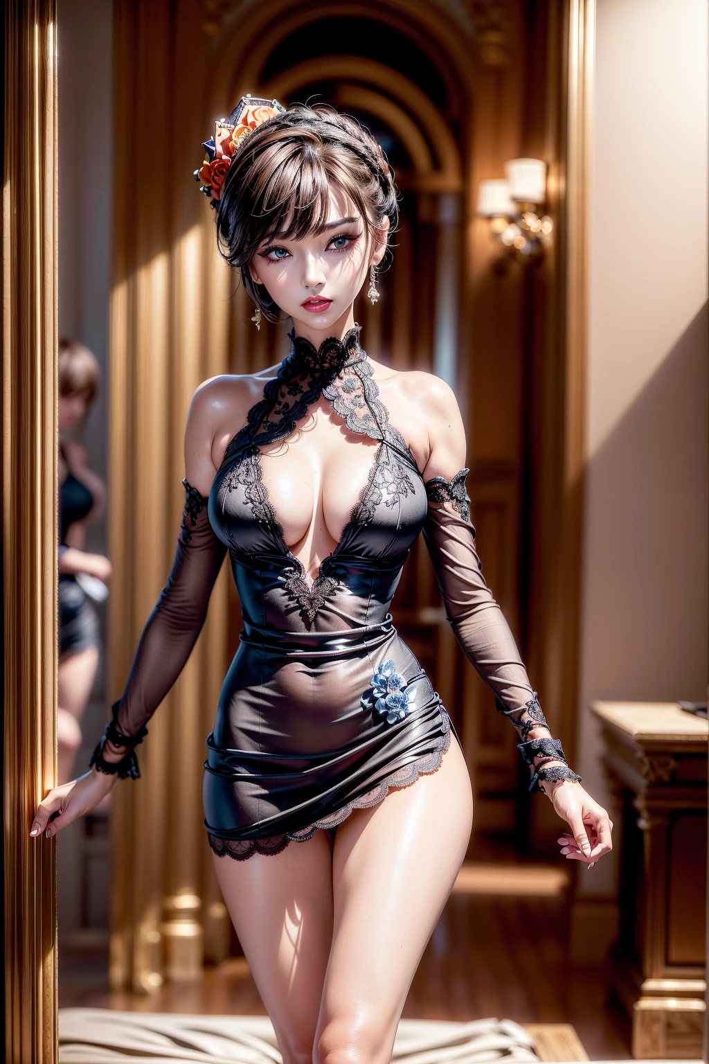 photorealism 16K realism ultra resolution quality, (Hyper-realistic proportional body, anatomically correct:1.3), (the most absurd quality perfect eyes), (intricately detailed beautiful face), (light pale complexion). BREAK, (ultra perfect eyes with absurd quality, extremely detail, ultra resolution, clear sharp focus, not blurry. Realistic brown_eyes:1.35), ((finely quality, perfect round eyes)), (finely detailed pupils:1.28), pink_makeup:1.3, (red_lipstick:1.25), long_blue_eyeliner:1.35, (perfect dark_eyeshadows:1.35), (super detailed makeup on eyes:1.3), beautiful cheekbones, dramatic lighting, ((perfect composition)), pale skin, ((dry skin)), sexy stylish Korean model, only 1 female, slim face,beautiful cheekbones,((slim, slim-muscled body:1.4)), (narrow waist:1.2), ass, perfect thighs, (she is the embodiment of beauty and allure, ((Dressed in a breath taking, silk Dolce&Gabbana. Floral dress:1.13)), elegant fashion intricately detailed:1.45), floral couture, silk and floral clothes, thigh-high gown, cinematic light, detailed background of a large park with trees, dynamic pose、(no decorations in the hair), (dark shot:1.1), ((firm small breasts)),