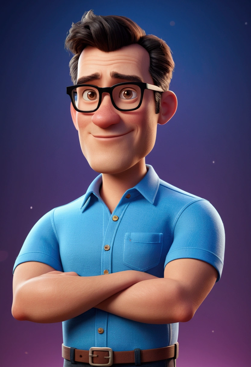 Cartoon character of a man in black glasses and blue shirt, animation character, stylized character, animation style rendering, 3d stylized, Arnold Maya rendering, Stylized 3D rendering, toon render screenshot, 3d character, 3d character, Stylized 3D rendering, 3D character rendering, cartoon character, Personagem de close up, character posing, (Pixar-style) (master part:1.2) (bokeh) (best qualityer) (skin detailed) (detailed texture) (8k) (Argilla) (cinematic lighting) (sharp focus