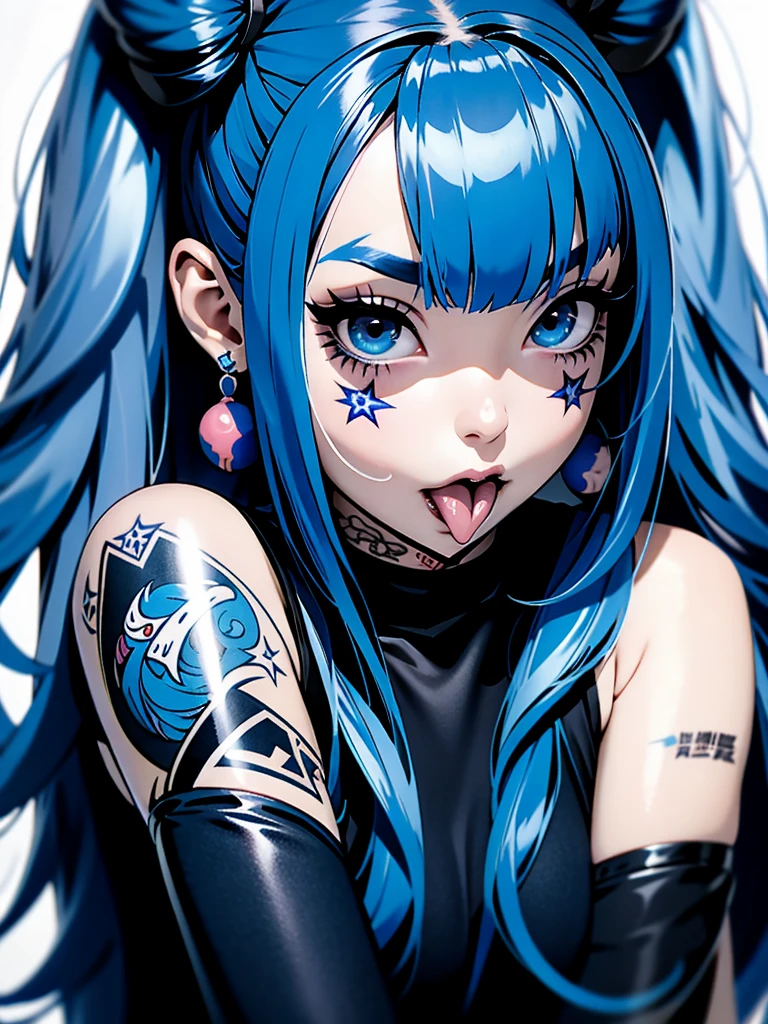 Long Hair, Twin tails, Blue Hair、
Large Breasts, Earrings, blue eyes, tongue, tongueを出す, Heavy makeup, Simple Background, Close-up, Fisheye Shot, Has tattoos、