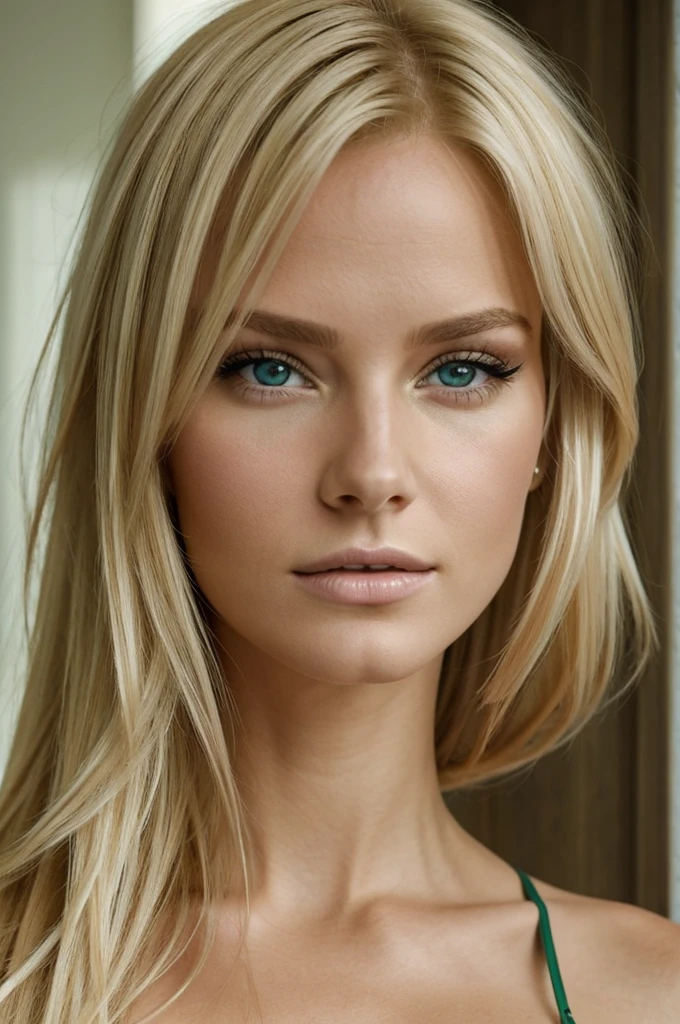 Femme de 25 ans, blonde, avec les yeux verts, cheveux très blonds. Regard intense et sexy