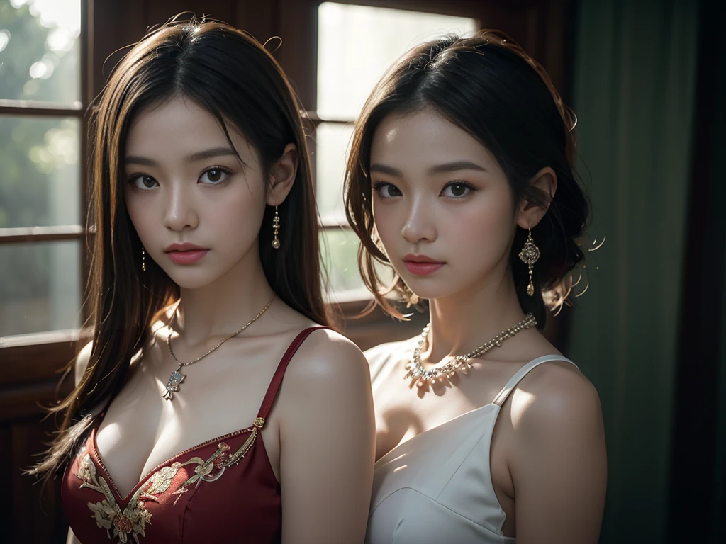 最high quality, masterpiece, High resolution, Two Girls, chinese dresses,Chinese Architect Background, hair ornaments,necklace, jewelry,Beautiful Face,On top of that_body, Tyndall effect,Realistic, Dark studio, Rim Light, Two-tone lighting,(Skin with attention to detail:1.2), 8k uhd, Digital SLR, Soft lighting, high quality, Volumetric lighting, Frank, photograph, High resolution, 4K, 8k, Bokeh,