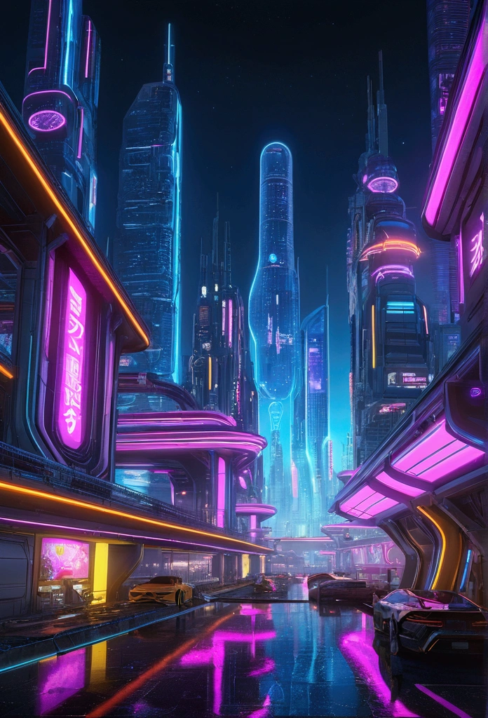 City of Progress、Future City、Cyberpunk World、Glossy and great color、Thriving Neon Building、Highly detailed HDR、perfection、perfectionな世界、Reflective surface、Underground scattering、Beyond imagination、8k、Global Illumination、Wide angle、Dream world