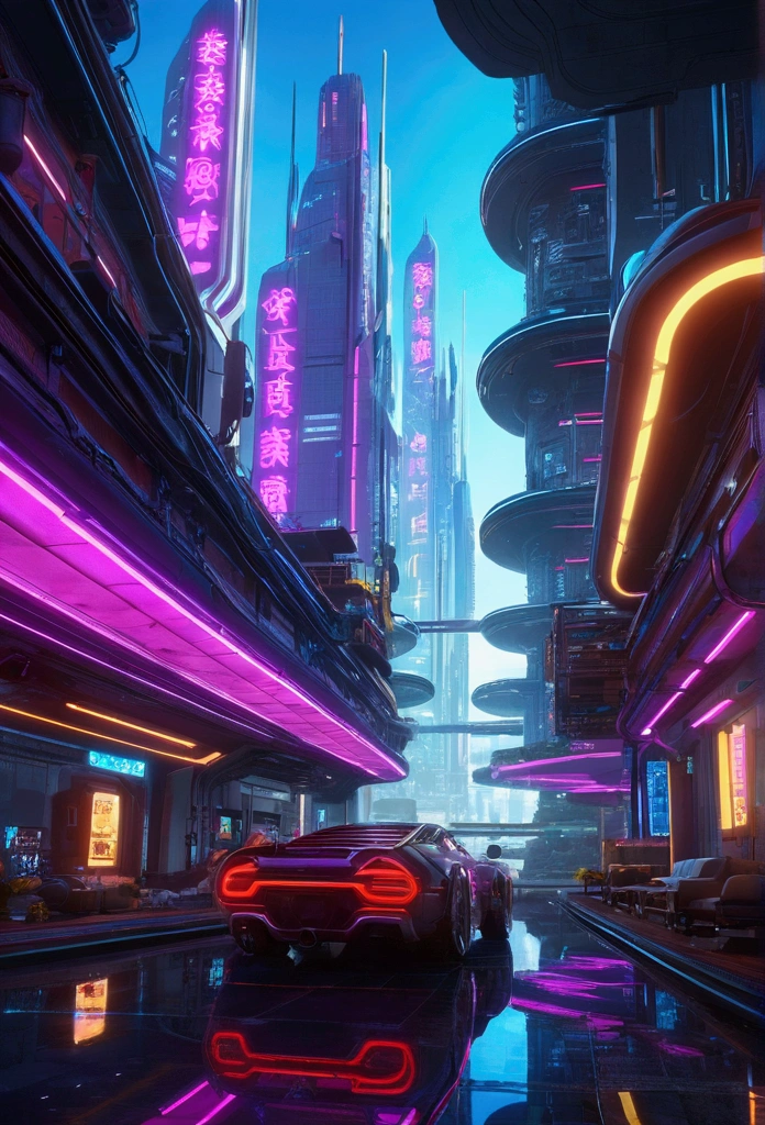 City of Progress、Future City、Cyberpunk World、Glossy and great color、Thriving Neon Building、Highly detailed HDR、perfection、perfectionな世界、Reflective surface、Underground scattering、Beyond imagination、8k、Global Illumination、Wide angle、Dream world