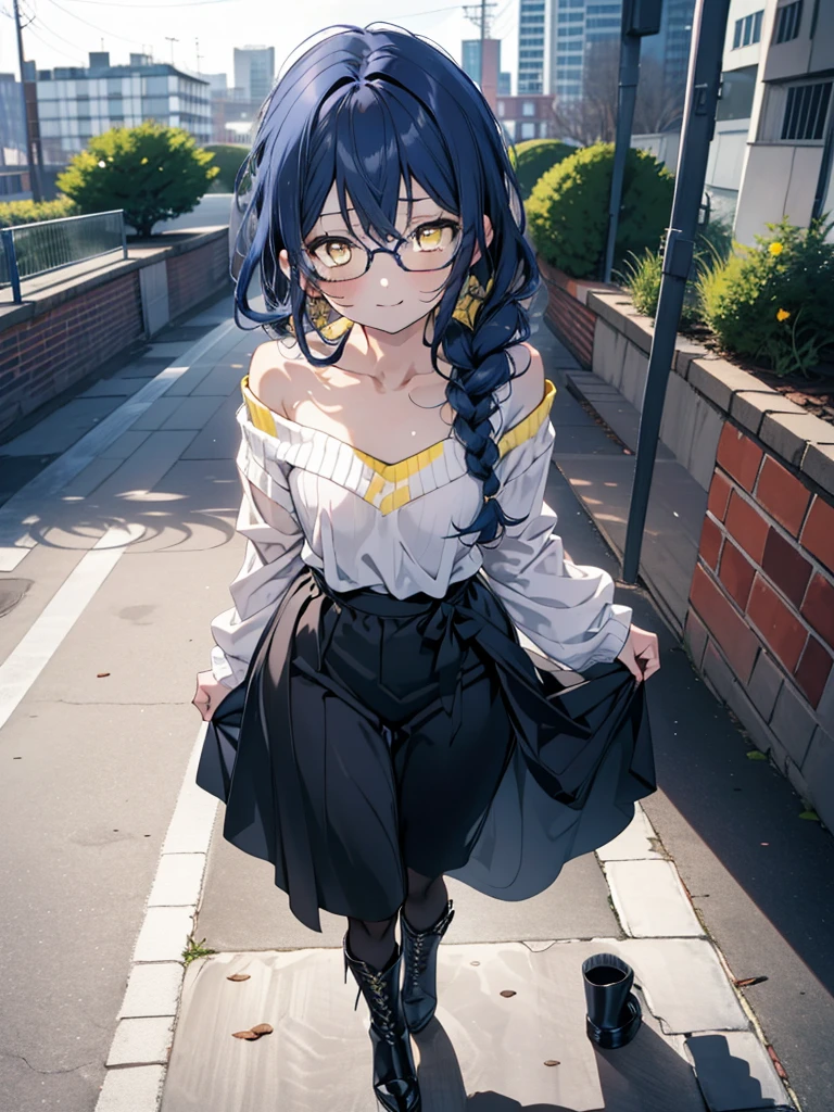 you like it, Umi Sonoda, Long Hair, Blue Hair, (Yellow Eyes:1.5) (Flat Chest:1.2),Blue one-shoulder sweater,Long skirt,Black pantyhose,short boots,Baseball hats,Black-rimmed glasses,Long braids,smile,Walking,morning,morning陽,The sun is rising,On the way to school,whole bodyがイラストに入るように,
break looking at viewer,whole body,
break outdoors, station,
break (masterpiece:1.2), Highest quality, High resolution, unity 8k wallpaper, (figure:0.8), (Beautiful attention to detail:1.6), Highly detailed face, Perfect lighting, Highly detailed CG, (Perfect hands, Perfect Anatomy),