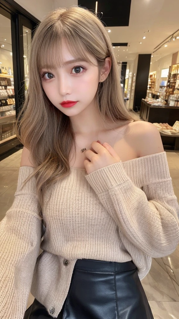 High resolution、blondeヘア、girl、Light Hair Color、sexy、blonde、Thin legs、Beautiful eyelashes、High resolution、Zoom out、20-year-old、Highest quality、Very detailed、Finer details、High resolution、8k wallpaper、Beautiful eyes in every detail、Natural lip color、Off-the-shoulder sweater、leather skirt、mini skirt、Long Hair、wave hair、Hotel、Cute Face、Small face、looking at the camera、Shopping Centre、Apparel Shop、Upper Body