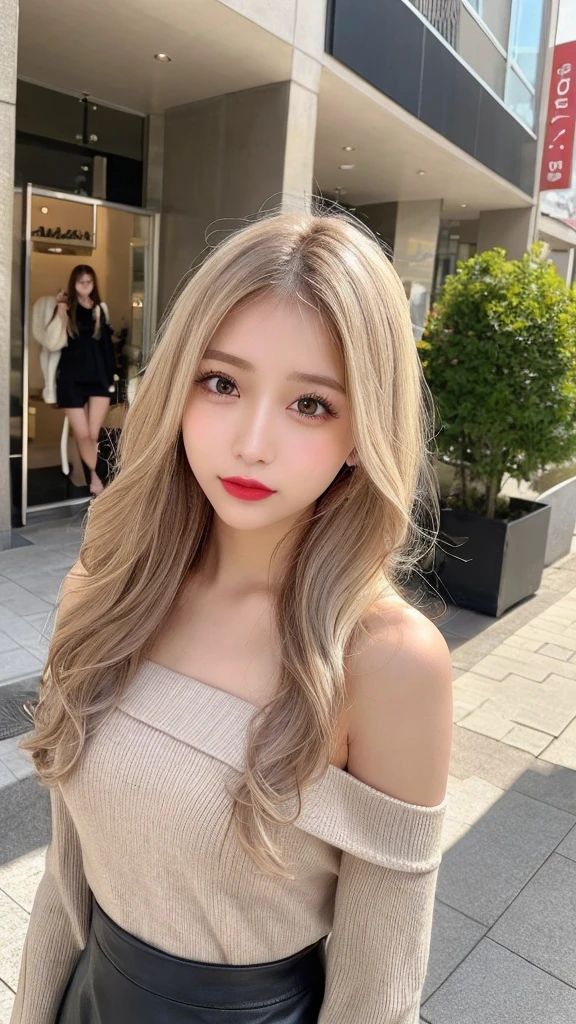 High resolution、blondeヘア、girl、Light Hair Color、sexy、blonde、Thin legs、Beautiful eyelashes、High resolution、Zoom out、20-year-old、Highest quality、Very detailed、Finer details、High resolution、8k wallpaper、Beautiful eyes in every detail、Natural lip color、Off-the-shoulder sweater、leather skirt、mini skirt、Long Hair、wave hair、Hotel、Cute Face、Small face、looking at the camera、Shopping Centre、Apparel Shop、Upper Body