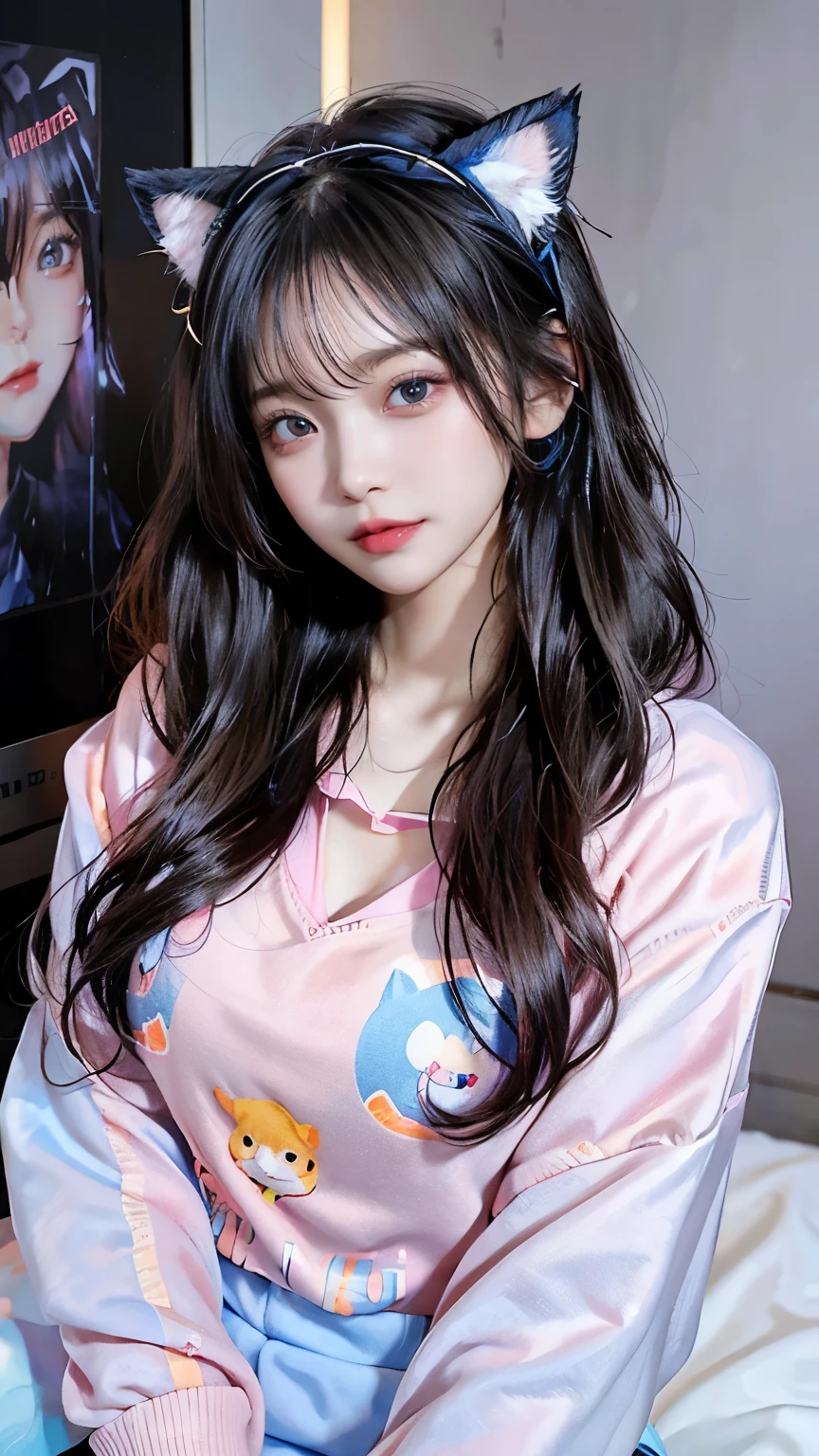 /imagine a beautiful anime girl live streaming from her room, with long black hair, big blue eyes, wearing a pink hoodie and a cute headset with cat ears, sitting in front of a modern computer setup with colorful LED lights, surrounded by plushies and posters on the wall, smiling and engaging with her audience, bright and cheerful atmosphere