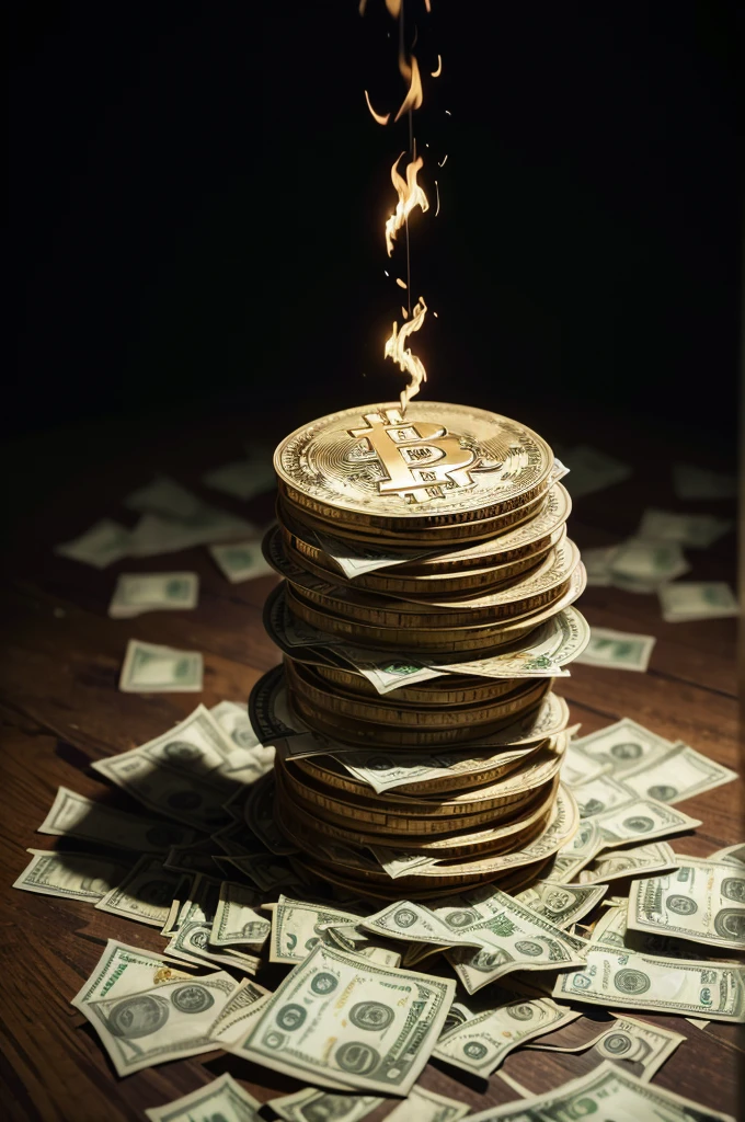 a large pile of burning dollar bills, one bitcoin standing in front, 3d perspective, surrealist, 16k, super detailed, best quality, masterpiece, hyper realistic, cinematic lighting, vibrant colors, dramatic shadows, sense of depth, complex composition, striking contrast