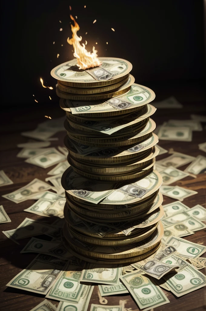 a large pile of burning dollar bills, one bitcoin standing in front, 3d perspective, surrealist, 16k, super detailed, best quality, masterpiece, hyper realistic, cinematic lighting, vibrant colors, dramatic shadows, sense of depth, complex composition, striking contrast