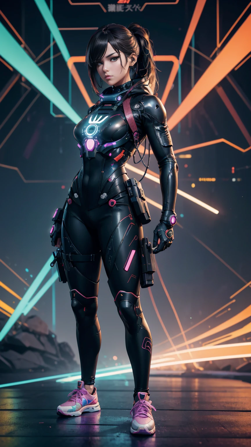 An ultra-realistic and ultra-detailed ((full body portrait)) Intricate Anime Manga Spy Goddess with dark hair, Sneakers, hearts, Standing And Aiming A Bulky Oversized Silenced Gun, Netrunner, Vigilante, Classy, Sassy, Fantastic Colorful Digital Topical Map 🗺️ Background, Futuristic Sexy Fashion Minimalistic Military Clothing, Augmented Reality, Futuristic Rainbow Glowing Presence Of Absolution And Fantastical Force, Sharp Camera Focus, Visual-Depth, Highly Detailed, (Highest Artistic Quality), Over 8k, Upscaled4x.