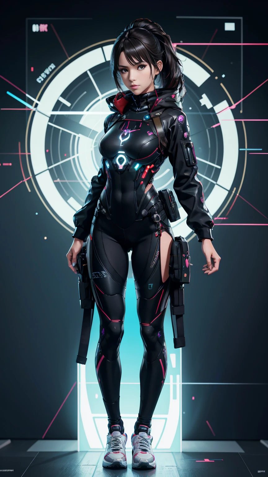 An ultra-realistic and ultra-detailed ((full body portrait)) Intricate Anime Manga Spy Goddess with dark hair, Sneakers, hearts, Standing And Aiming A Bulky Oversized Silenced Gun, Netrunner, Vigilante, Classy, Sassy, Fantastic Colorful Digital Topical Map 🗺️ Background, Futuristic Sexy Fashion Minimalistic Military Clothing, Augmented Reality, Futuristic Rainbow Glowing Presence Of Absolution And Fantastical Force, Sharp Camera Focus, Visual-Depth, Highly Detailed, (Highest Artistic Quality), Over 8k, Upscaled4x.