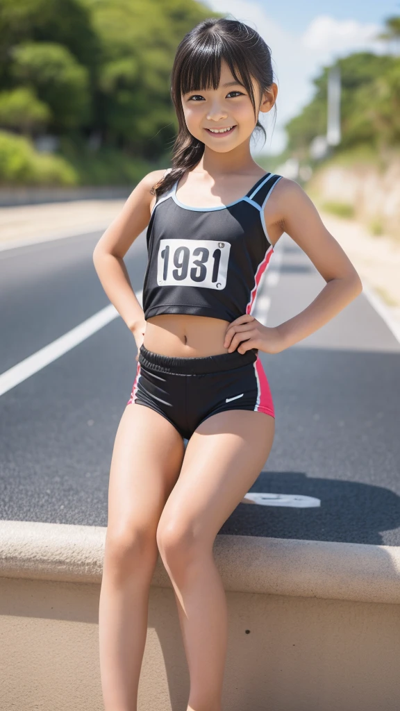 　(((Japanese)))(9-year-old girl)　((((One 9-year-old girl、独奏))))　whole body photos　Full Shot　Short Hair　A low ponytail　whole body　Thighs 　(muscular)　(dark, tanned skin)(Land athletics)　Racing Top　Racing Shorts　cute　(smile)　Sandy Beach　　Shot from between the legs　Spread your legs　Spread your legs 