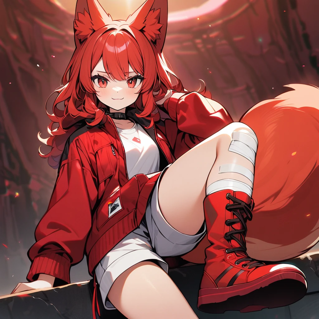 (well done:1) woman, short red, slightly wavy hair, red fox ears and tail, bulky red winter jacket with black details, white shirt, white shorts, bandage on the knee, red sneakers.