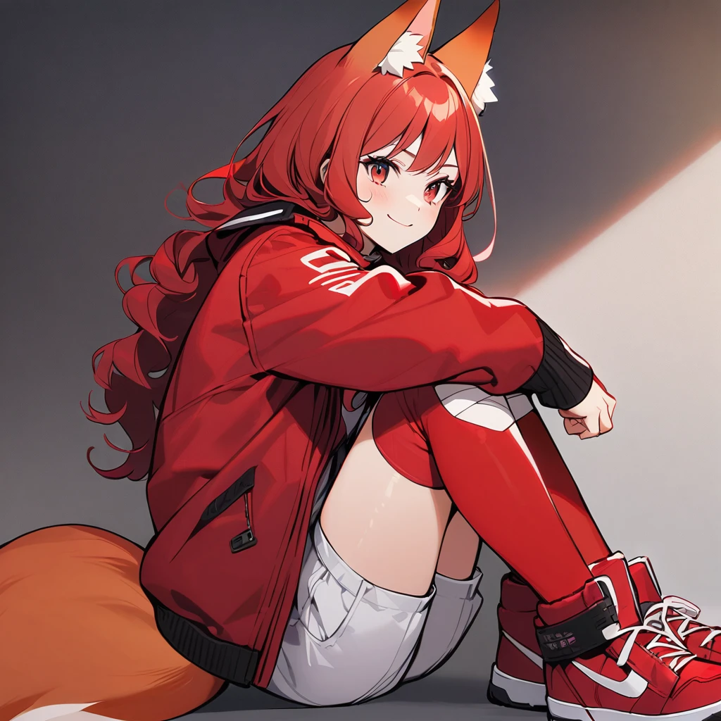 (well done:1) woman, short red, slightly wavy hair, red fox ears and tail, bulky red winter jacket with black details, white shirt, white shorts, bandage on the knee, red sneakers.