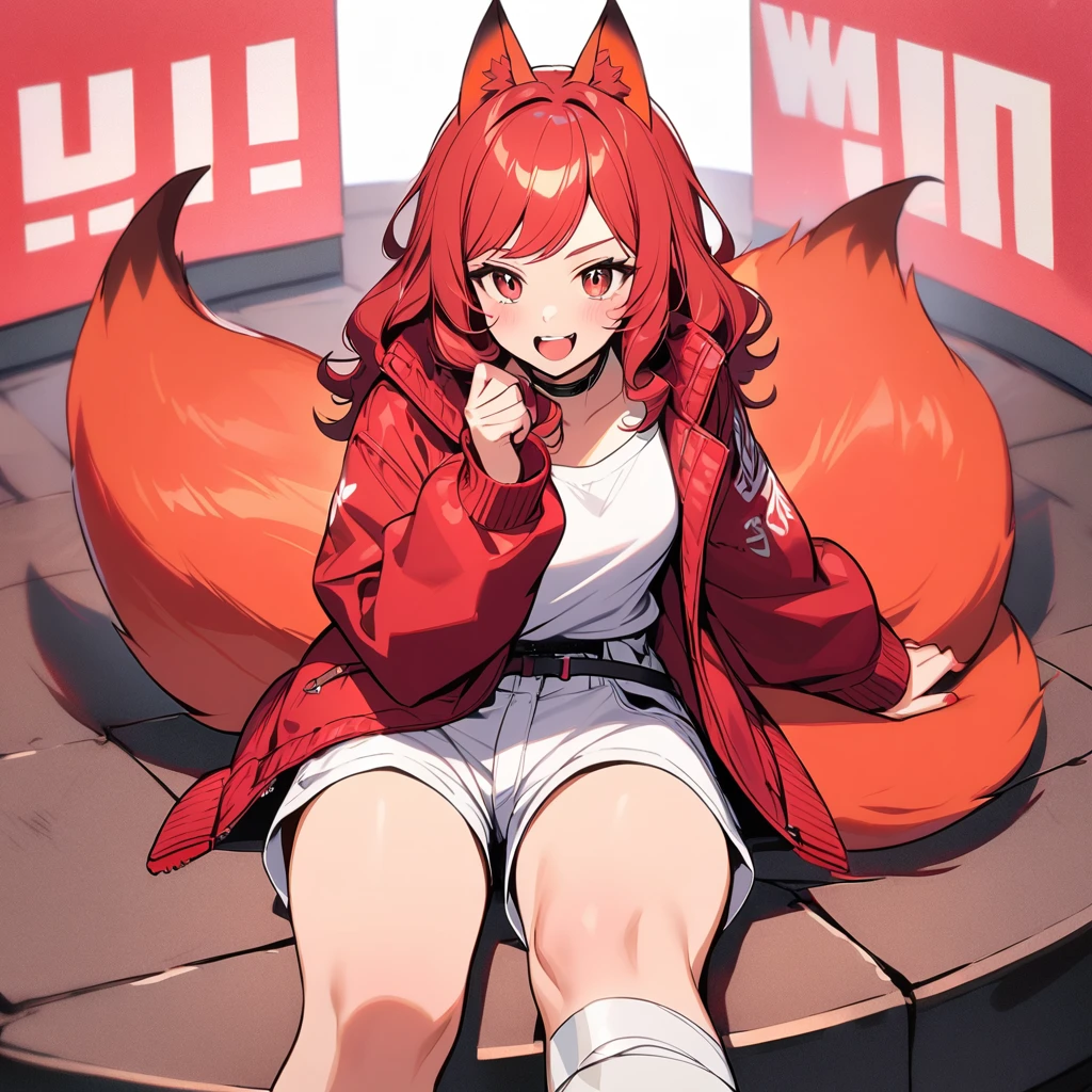 (well done:1) woman, short red, slightly wavy hair, red fox ears and tail, bulky red winter jacket with black details, white shirt, white shorts, bandage on the knee, red sneakers.