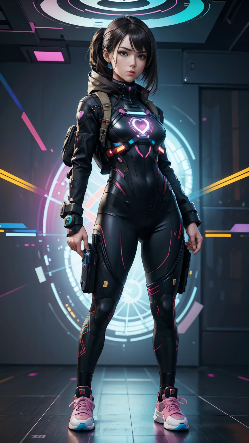 ((Full body photo, standing, feet on the floor)) An ultra-realistic and ultra-detailed ((full body portrait)) Intricate Anime Manga Spy Goddess with dark hair, Sneakers, hearts, Standing And Aiming A Bulky Oversized Silenced Gun, Netrunner, Vigilante, Classy, Sassy, Fantastic Colorful Digital Topical Map 🗺️ Background, Futuristic Sexy Fashion Minimalistic Military Clothing, Augmented Reality, Futuristic Rainbow Glowing Presence Of Absolution And Fantastical Force, Sharp Camera Focus, Visual-Depth, Highly Detailed, (Highest Artistic Quality), Over 8k, Upscaled4x.