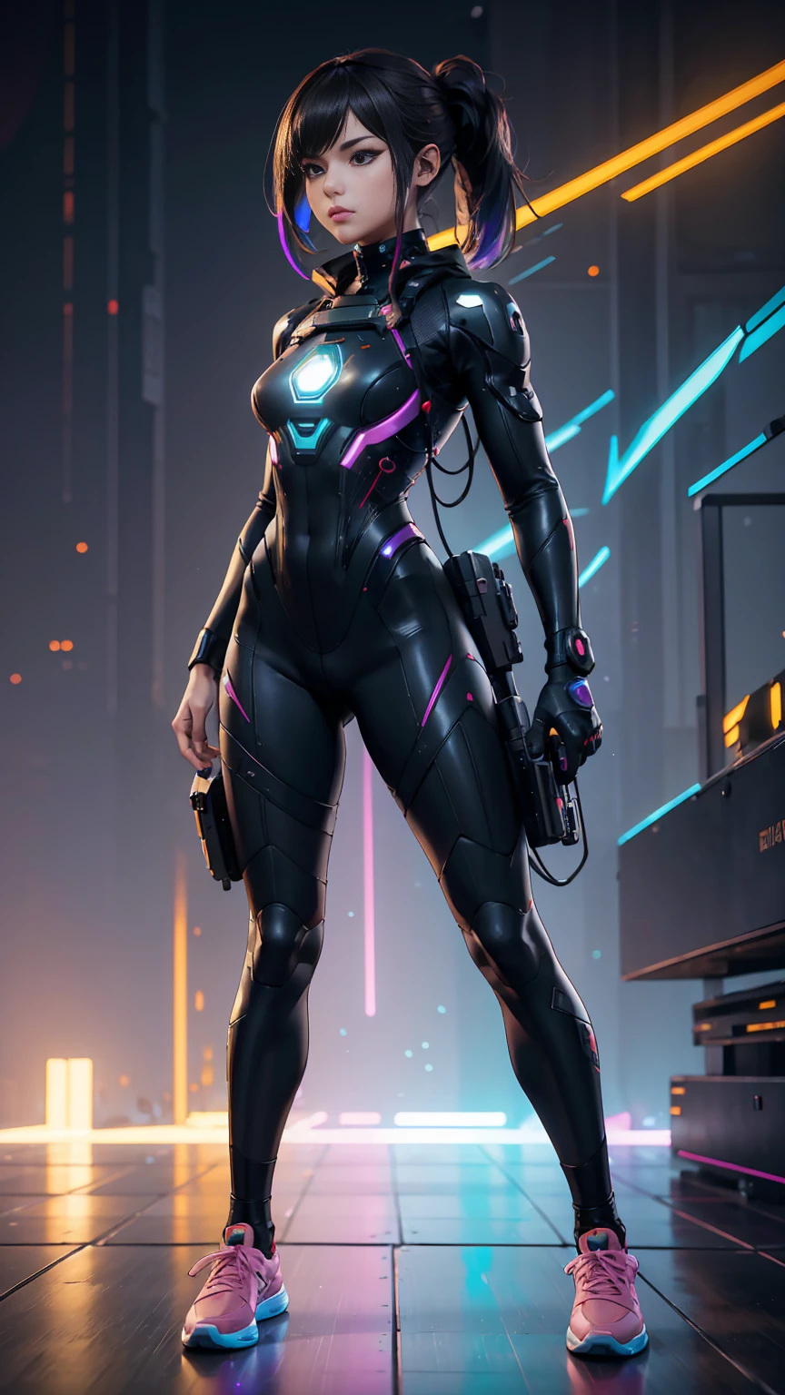 ((Full body photo, standing, feet on the floor)) An ultra-realistic and ultra-detailed ((full body portrait)) Intricate Anime Manga Spy Goddess with dark hair, Sneakers, hearts, Standing And Aiming A Bulky Oversized Silenced Gun, Netrunner, Vigilante, Classy, Sassy, Fantastic Colorful Digital Topical Map 🗺️ Background, Futuristic Sexy Fashion Minimalistic Military Clothing, Augmented Reality, Futuristic Rainbow Glowing Presence Of Absolution And Fantastical Force, Sharp Camera Focus, Visual-Depth, Highly Detailed, (Highest Artistic Quality), Over 8k, Upscaled4x.