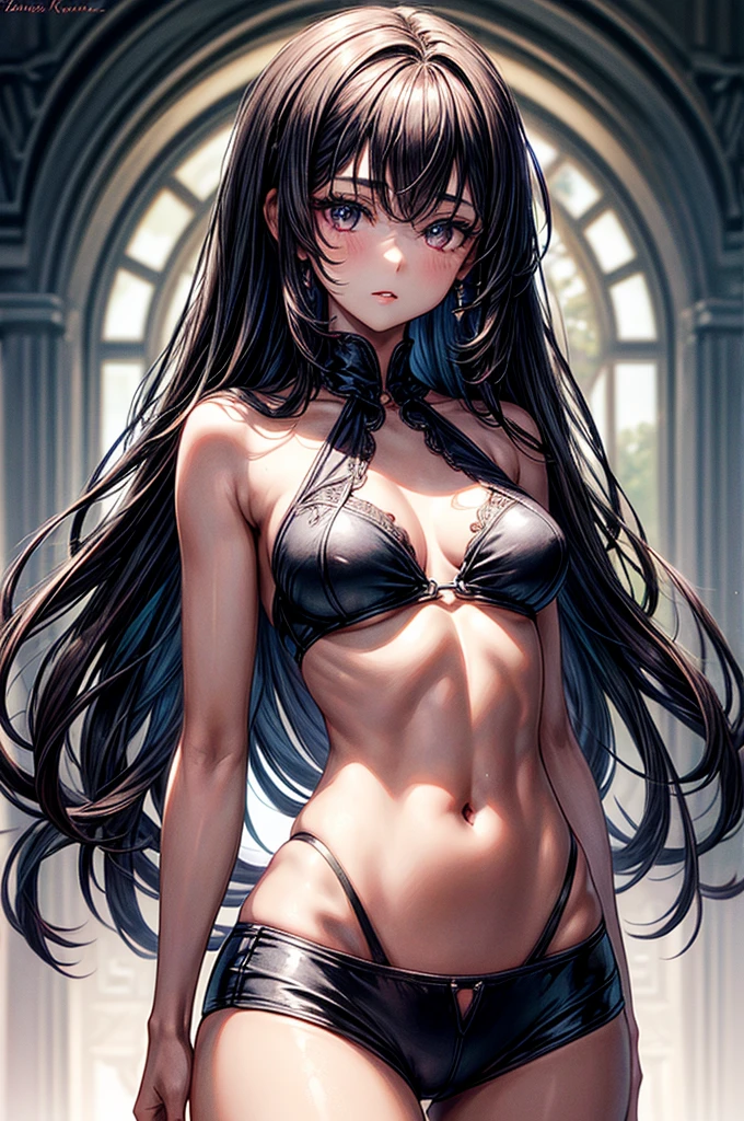 ((highest quality)),(ultra high resolution),(Super detailed), (best work of art), (ung girl:1.5), beautiful and well-shaped face:1.5,(Beautiful skin with precise and detailed depiction:1.6),(halter neck sports bra and waist band hotpants shorts ),gorgeous, masterpiece, best quality, high-resolution, finely detailed, extremely detailed and beautiful, distinct-image, 1 girl, 18 year old teen, solo, sharp facial features, oval shaped face. cherry red lips, lightly tanned white skin. velvet-colored eyes, C-cup breasts, tall height(175cm), slim yet chiseled body type, flowing waist length dark violet-black hair, small narrow waist, long and slender legs, curvy wide hips, elegant gothic courtyard setting