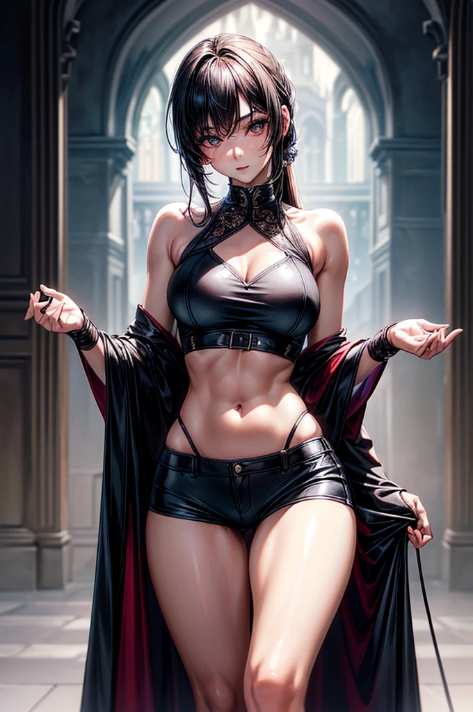 ((highest quality)),(ultra high resolution),(Super detailed), (best work of art), (ung girl:1.5), beautiful and well-shaped face:1.5,(Beautiful skin with precise and detailed depiction:1.6),(halter neck sports bra and waist band hotpants shorts ),gorgeous, masterpiece, best quality, high-resolution, finely detailed, extremely detailed and beautiful, distinct-image, 1 girl, 18 year old teen, solo, sharp facial features, oval shaped face. cherry red lips, lightly tanned white skin. velvet-colored eyes, C-cup breasts, tall height(175cm), slim yet chiseled body type, flowing waist length dark violet-black hair, small narrow waist, long and slender legs, curvy wide hips, elegant gothic courtyard setting