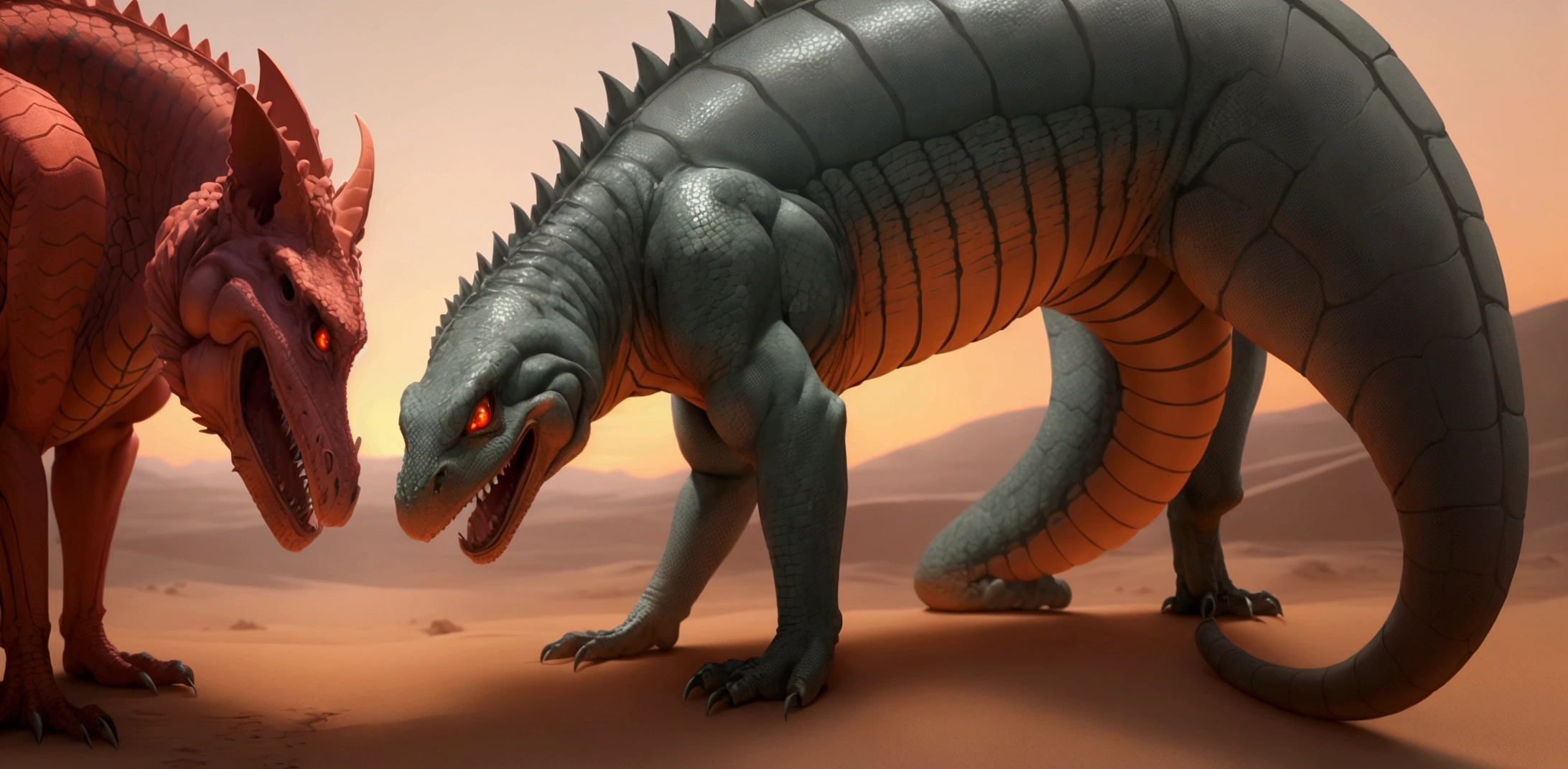 ( best quality ) a large reptilian creatures with only two long forelimbs and no hindlimbs, as well as long, prehensile, serpentine tails. They have long and slender, yet muscular, sturdy bodies. Several aspects of their appearance are noticeably skeletal, particularly their torsos and their heads. seen in profile on a landscape who's like a desert with a red/orange sky, crawling in the ground ( detailed )