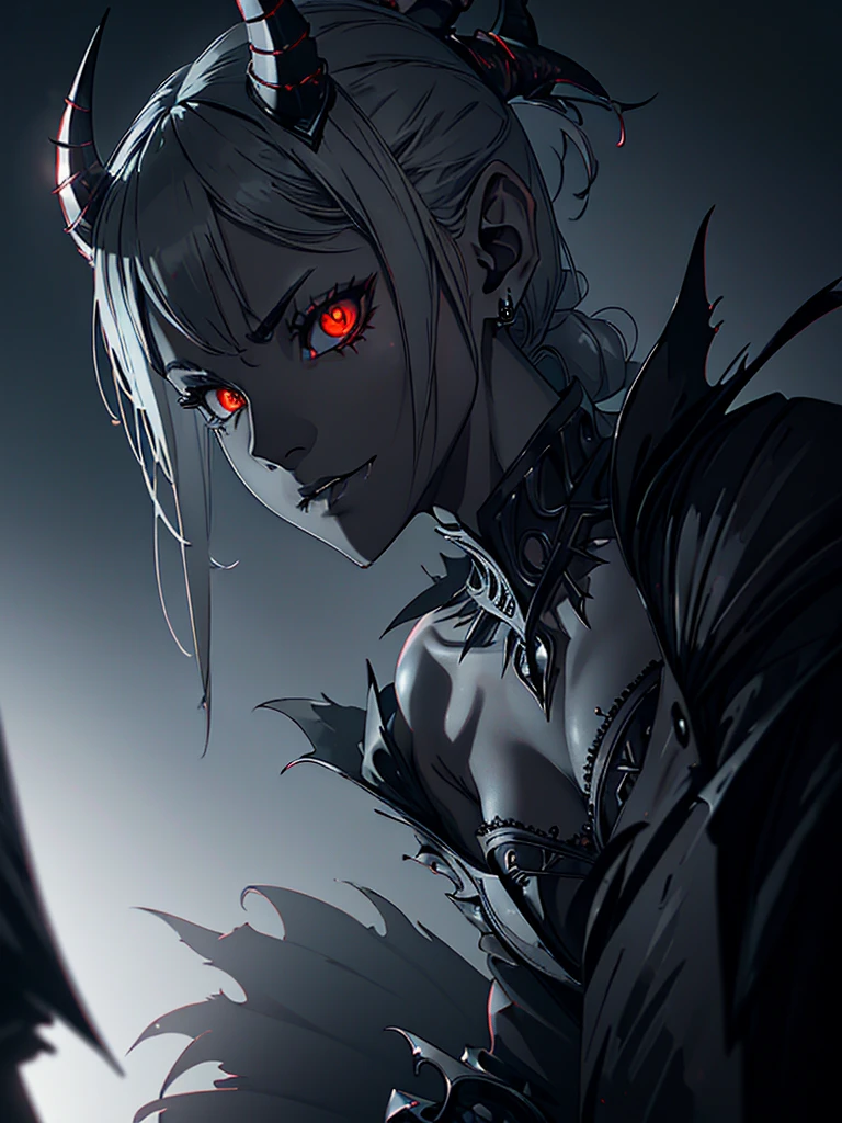Anime, démon féminin dans un décor fantastique, représenté dans un style artistique sombre avec une touche gothique. Le personnage est une jeune fille gothique aux couleurs noir et blanc, couverte de sang, dégageant une aura de dark fantasy. Elle tient un cornet de glace dans sa main gauche, créant un contraste saisissant avec l'atmosphère étrange et sombre qui l'entoure. L'illustration présente une conception de personnage détaillée et des éléments d'arrière-plan complexes, renforçant l'esthétique de la dark fantasy.