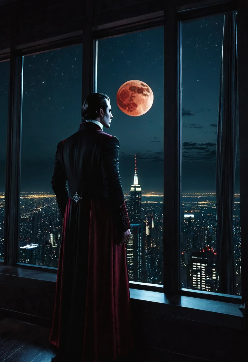 A world of darkness. The vampire of the Ventru clan stands in a dark room in front of a panoramic window on the 125th floor. It's night outside, stars and a blood moon in the sky.