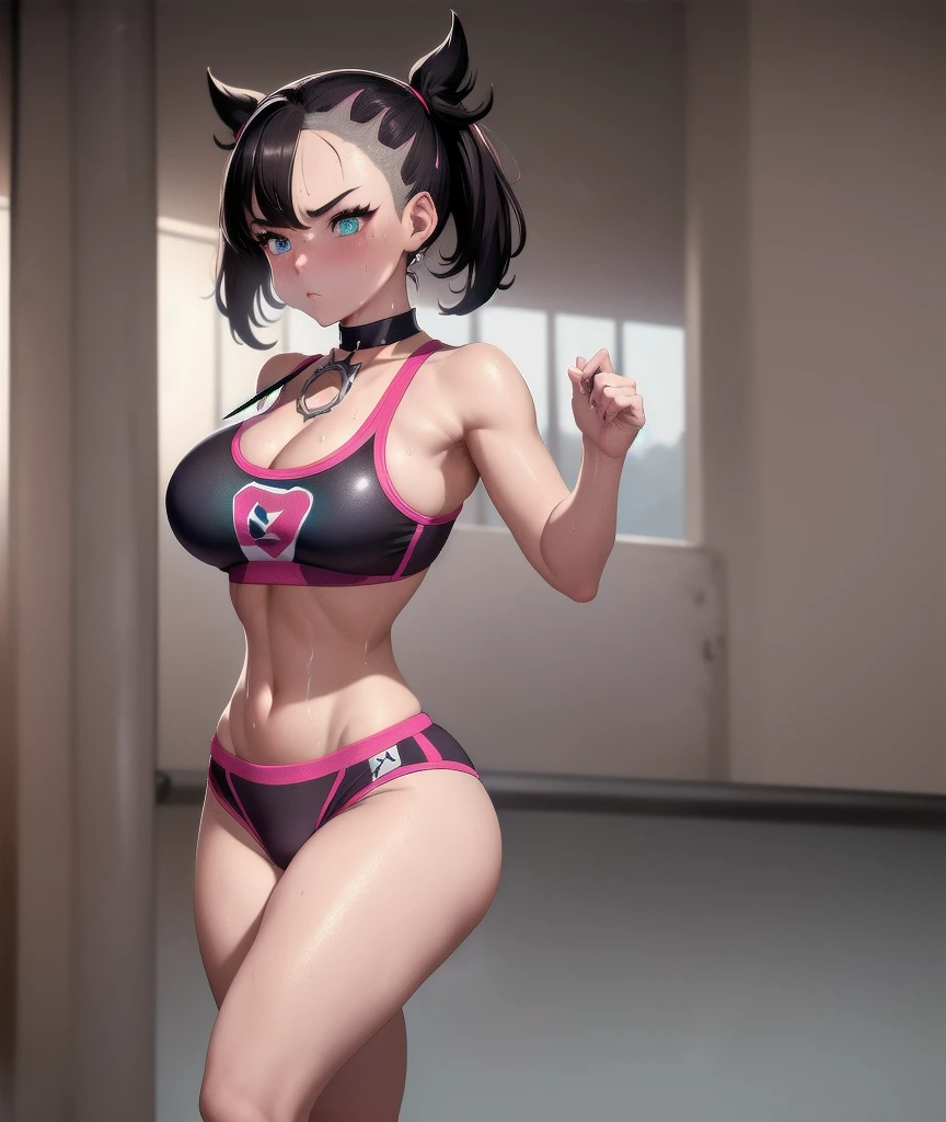 1girl, milf, serious face, red eyes, tomboy Pixie haircut, very Short hair, hair over one eye, black hair, black choker, white bandeau, belly, huge breast, extreme micro shorts, white stockings, black lipstick, black lipstick ear piercings, cowboy shot, squating, arms up, armpits, boots