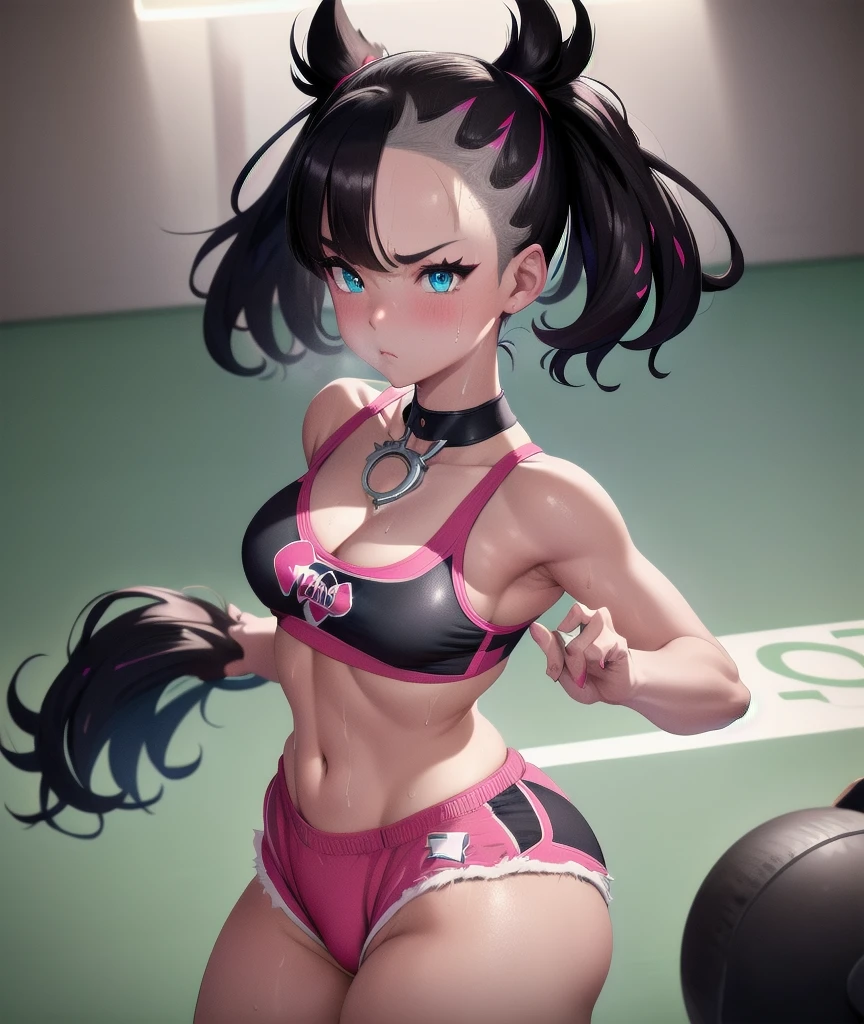 masterpiece, best quality, highres, hmmarnie, sparkling aqua eyes, choker, hair ribbon, model like looks, idol grace, sports bra, tight shorts, trunks, cowboy shot, standing, gazing at viewer, sweaty, sweat drip, gym setting, gymnasium, blush, huge breasts, gymnastics