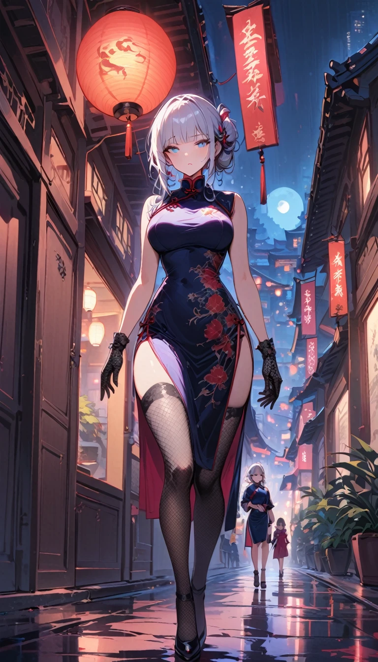 Fashion magazine cover: night, full moon, 1 adult woman, Chinese Architecture, cheongsam, China costume, Royal sister, cold face, Poker face, woman with long silver hair, light pink lips, fishnet stockings, calm, intellectuals, Three bangs, gray pupil, street view, facial details, (beautiful eyes, eyes full of details), (masterpiece, best quality, highres)
