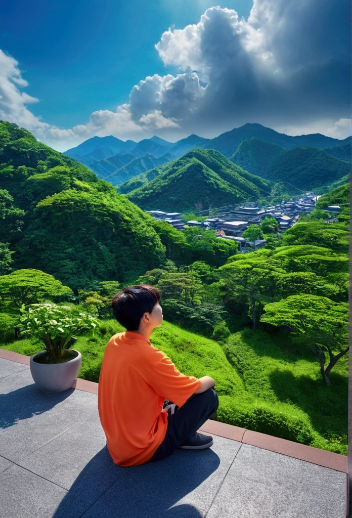 Magnificent Mountain々Ya sky、In the midst of lush natural scenery、A person sitting with a slightly tired expression。In a calm atmosphere、It conveys a relaxed state、Glossy and great color、Thriving Neon Building、Highly detailed HDR、Beyond imagination、8k、Global Illumination、Wide angle、Dream world