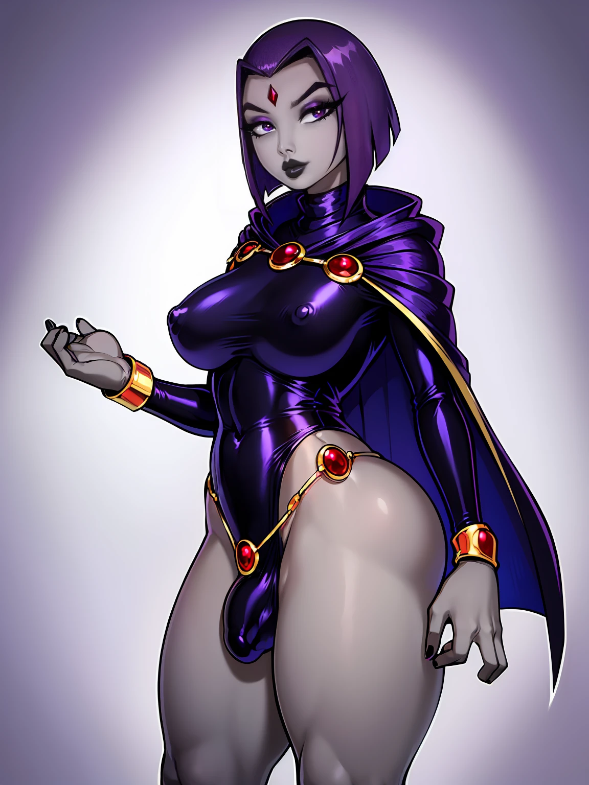 (solo:1.1),(masterpiece), (best quality:1.3), ultra detailed, intricate, (nice hands:1.6), professional art, digital art, absurdres, shadraven, (Full body view:1.1), 1girl, solo, (grey skin:1.4), dark purple hair, bob hair, dark purple eyes, hips wider than shoulders, pear shaped body, jewellery, detailed thighs, thick thighs, red jewel in forehead, jewels, (long sleeved turtleneck leotard:1.3), cuffs, small breasts, nipple bulge, (shadraven long cloak), (Shadraven broach:1.2), Shadraven jewel belt, Shadraven wearing a long sleeved leotard, long legs, ( long crotch bulge:1.4), large penis, large testicles, side view, looking at viewer, bubble butt , gluteal crease, universal lighting,,
