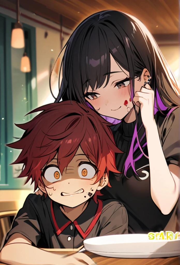 girl with light brown skin, brown eyes, long and wavy black hair with white and red highlights at the ends, wears a red ice cream parlor uniform, is smiling in a disturbing way while looking at the  in her lap a
, a red-haired boy with purple streaks in his hair, with some piercings on his face wearing a black sweater with orange and green embroidered details, the sweater is long on the boy because his shorts are a little short, he must be around 7 years old and looks a little scared
