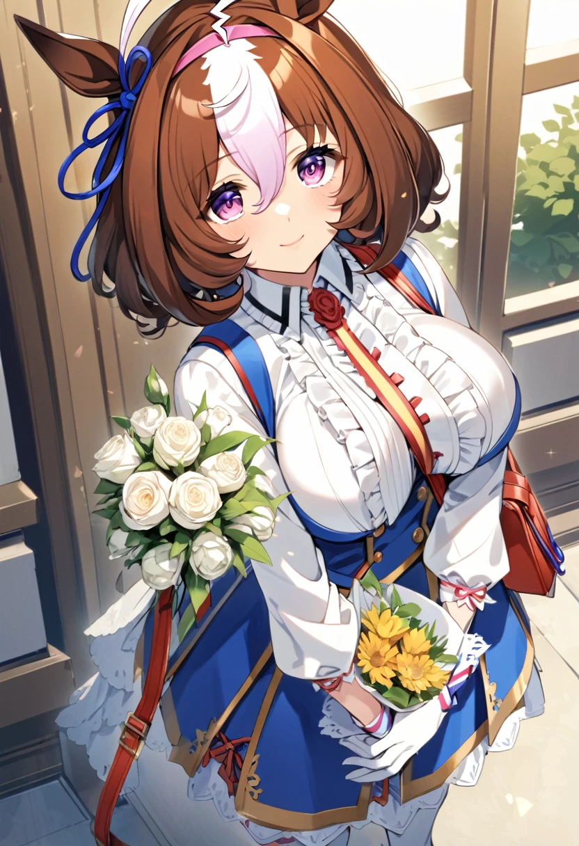 from above,meisho doto \(umamusume\),white shirt, collared shirt, white gloves, shoulder bag, strap between breasts, blue skirt, long sleeves, white thighhighs, high heels, handbag, white footwear, center frills, sleeves past wrist,light smile,looking_at_viewer,Holding a bouquet, cowboy shot