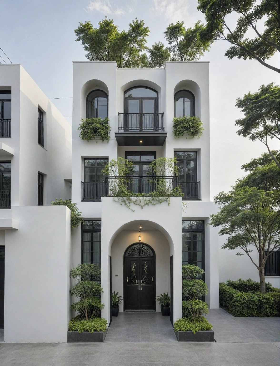 RAW photo, a photo of a modern house, (curvilinear chrchitecture:1.4), Wabisabi style rounded wall, white wall, steel dark gate, sidewalk, sidewalk trees, ((grey gate:1.2)), road, viet nam modern residence, ((architectural shot)), rough white wall, new residential area, wide angle exterior 2022, contemporary house, exterior photography, masterpiece, contemporary architecture, overcast, indirect lighting