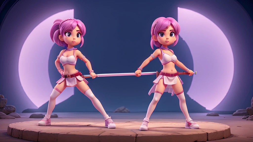 A warrior girl she only has one eye without a bra and skirt showing her transparent and tight white panties wearing a katana in a retrowave setting