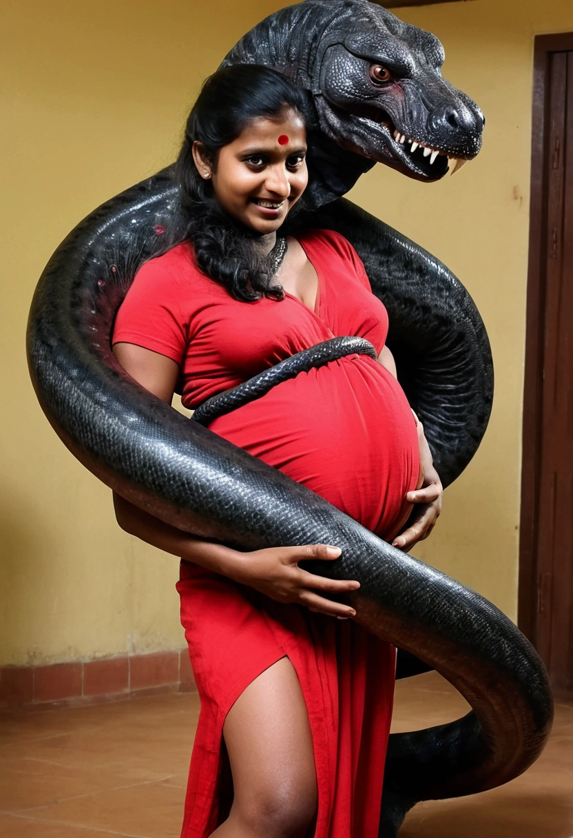 Pregnant Happy Horny, aroused 1girl), beautiful indian young girl wearing red thong with giant colossal black titanboa monster squeezing her hard, wrapped in thick spiraling coils, constricted, struggle, gasping for air, snake attack, snake peril,
