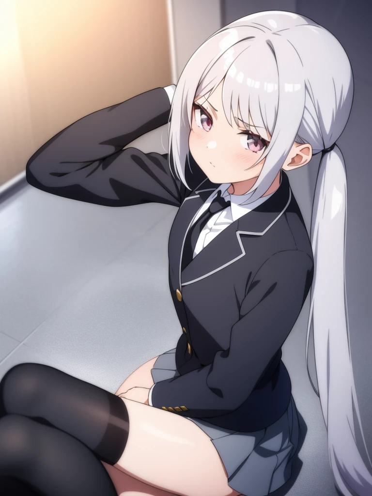 1girl, anime girl, silver hair, long twintails, silver eyes, school outfit, black tie, skirt, side head shot, looks at viewer, serious neutral face, sits in classroom