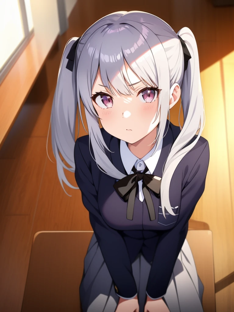1girl, anime girl, silver hair, long twintails, silver eyes,  school outfit, black tie, skirt, side head shot, looks at viewer, serious neutral face, sits in classroom