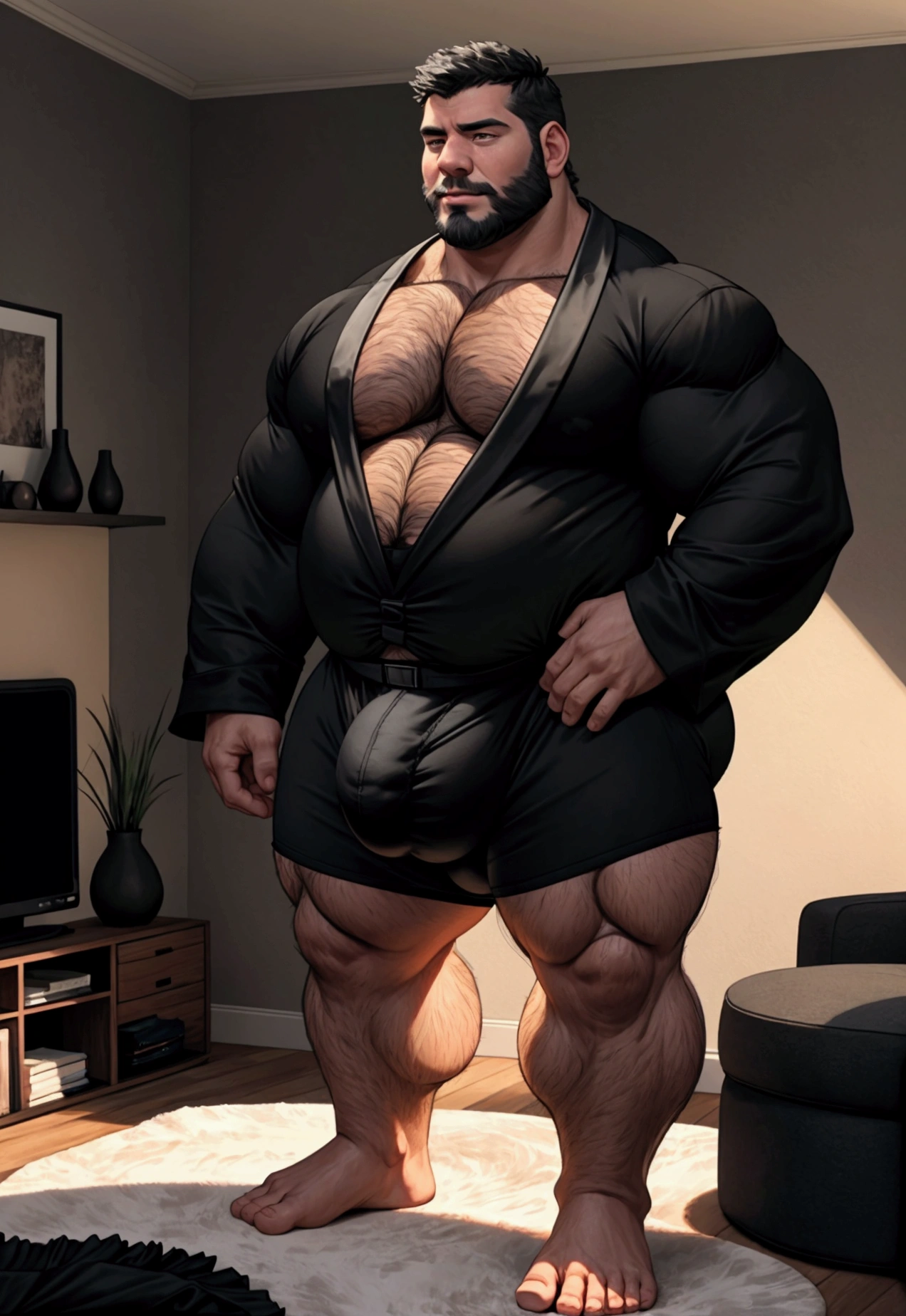 40 years old white Male, tall, giant body, masculine, handsome, dad bod, beefy, strong arms and legs, wide shoulders, a bit chubby muscle gut, a bit of fat but still very muscular, (extremely hairy), (a lot of body hair), short beard, untie black bathrobe with long sleeves, (((black brief))), (((massive huge round bulge))), barefoot, smirking, modern minimalist living room