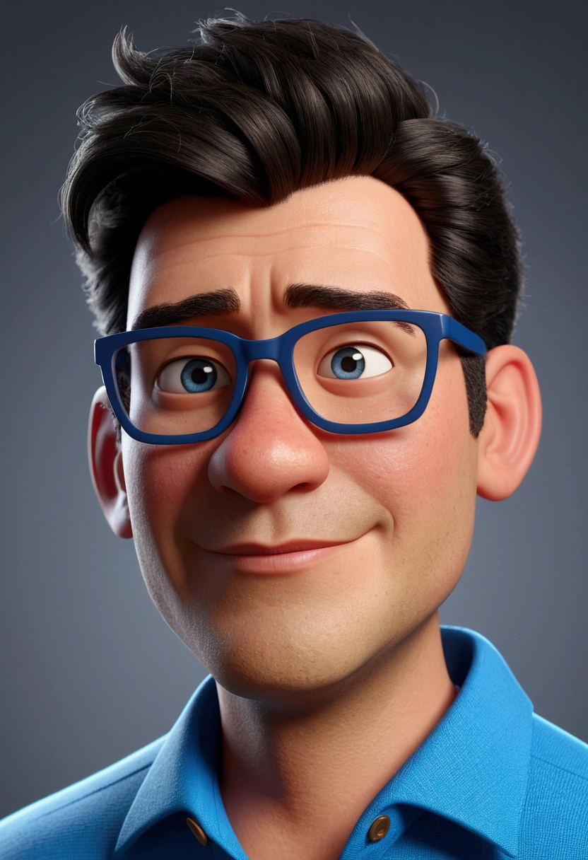 Cartoon character of a man in black glasses and blue shirt, animation character, stylized character, animation style rendering, 3d stylized, Arnold Maya rendering, Stylized 3D rendering, toon render screenshot, 3d character, 3d character, Stylized 3D rendering, 3D character rendering, cartoon character, Personagem de close up, character posing, (Pixar-style) (master part:1.2) (bokeh) (best qualityer) (skin detailed) (detailed texture) (8k) (Argilla) (cinematic lighting) (sharp focus