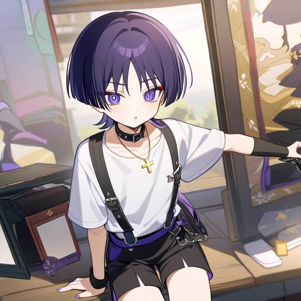 4k best Quality, work of art, A boy, Indigo Hair, Short Smooth and Tigelinha style with a square spiked fringe. do it using shorts with black suspenders, a white woolen shirt with a collar a white sock with buckles, and a little black shoe, She also wears a necklace with a yellow cross, (Scaramouche Hair).