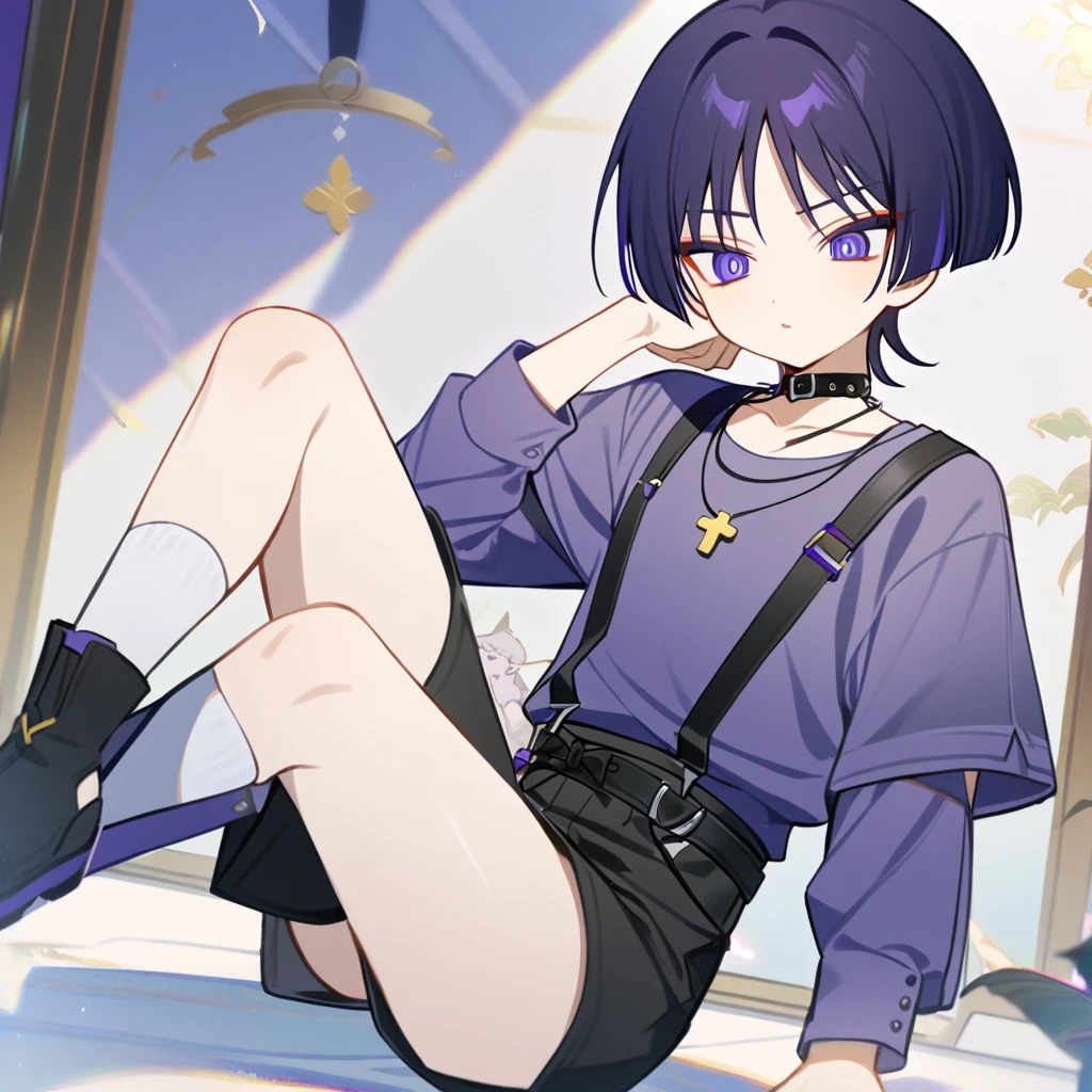 4k best Quality, work of art, A boy, Indigo Hair, Short Smooth and Tigelinha style with a square spiked fringe. do it using shorts with black suspenders, a white woolen shirt with a collar a white sock with buckles, and a little black shoe, She also wears a necklace with a yellow cross, (Scaramouche Hair).